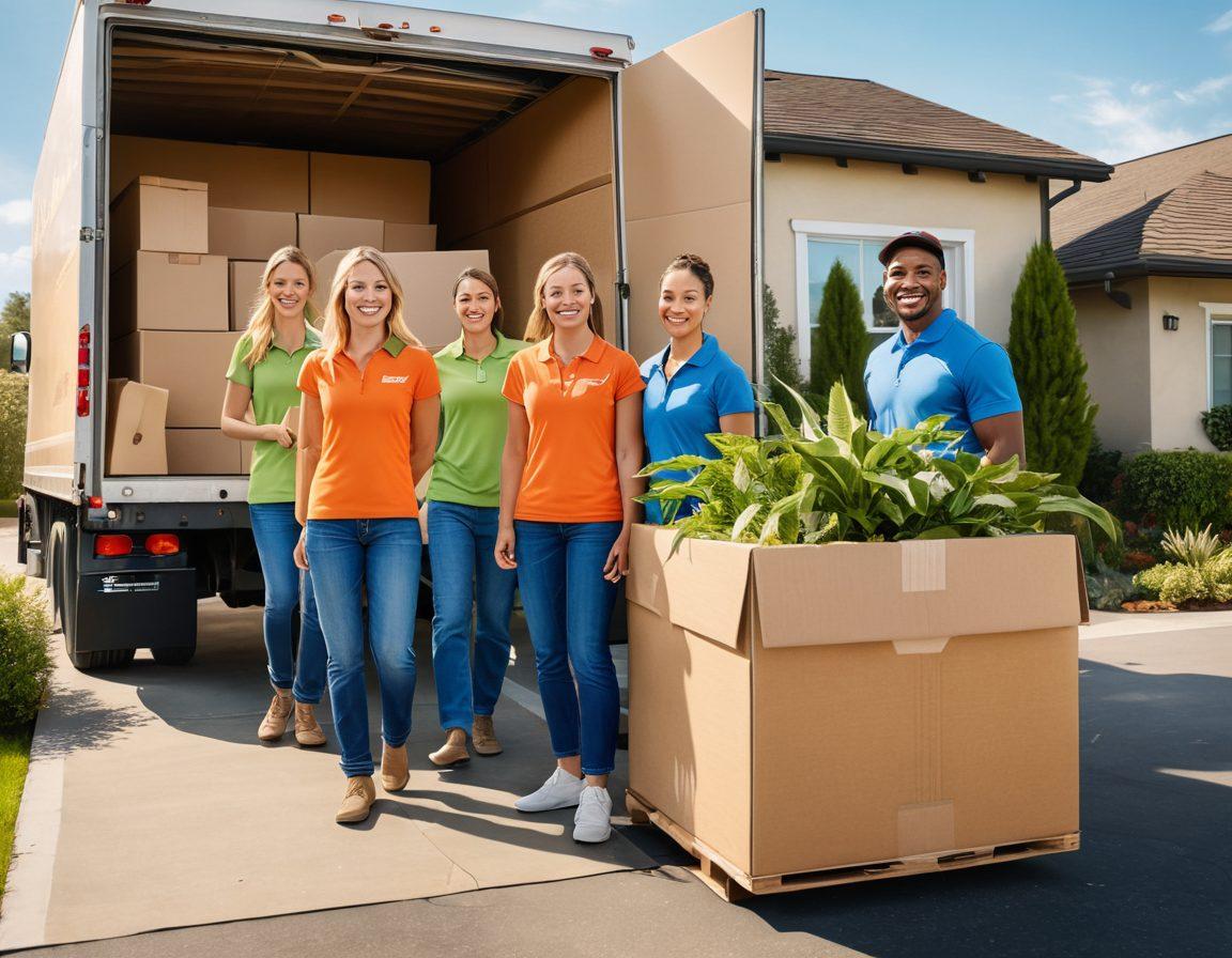 A dynamic scene featuring a friendly team of professional movers assisting a smiling family with their relocation. Show moving boxes being carefully loaded into a bright, clean moving truck, with a sunny sky in the background. Include plants and furniture to convey a sense of home, and emphasize a feeling of joy and excitement during the moving process. vibrant colors. nature-inspired. super-realistic.