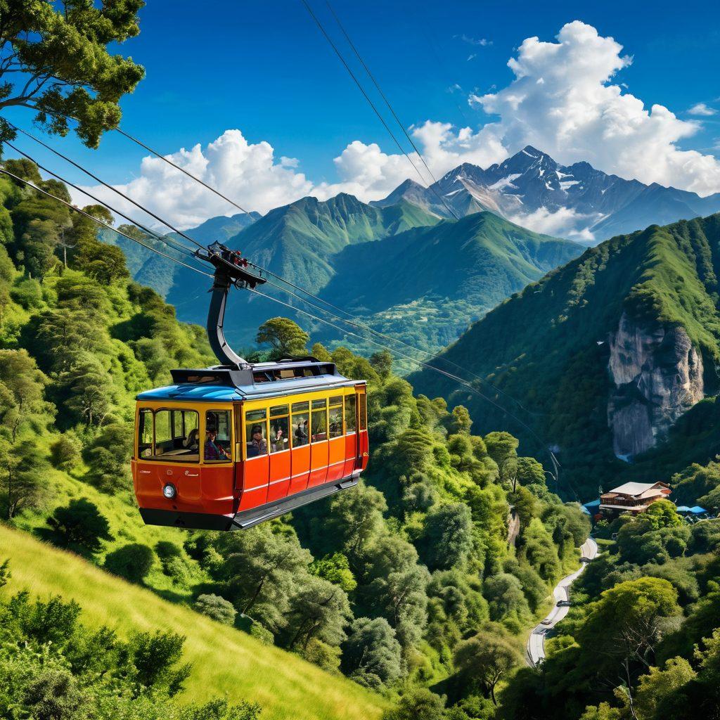 A serene landscape featuring a modern cable car gliding over lush greenery and mountains, symbolizing carefree travel. Below, a family joyfully embarking on a relocation adventure with colorful luggage and smiles. Bright blue skies and fluffy clouds add to the cheerful ambience, inviting viewers to explore hassle-free transportation. super-realistic. vibrant colors. white background.