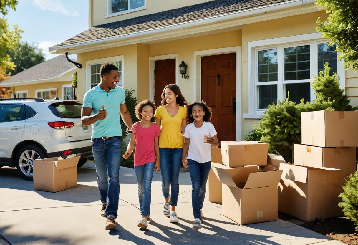 A cheerful family happily moving into a new home, depicting a cable installer setting up devices while kids play nearby. Bright sunlight filters through the open door, with boxes labeled 'Cable Setup', 'Living Room', and 'Kitchen' scattered around. Show a scenic neighborhood in the background with trees and friendly neighbors. The atmosphere is warm and inviting, evoking feelings of happiness and new beginnings. super-realistic. vibrant colors. 3D.